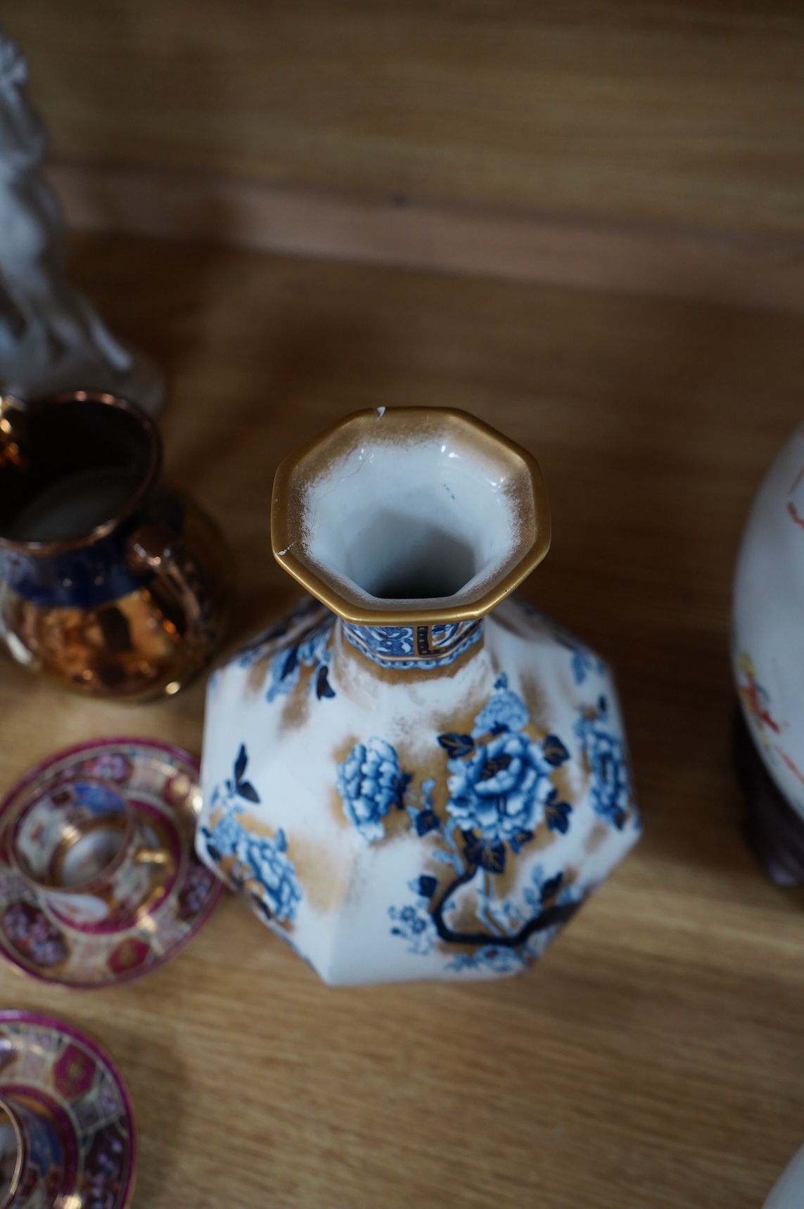 A bisque figure group of the Three Graces - 27cm high, a smaller smaller bisque figure, a pair of Vienna style coffee cans and saucers and a collection of mixed floral china. (22)